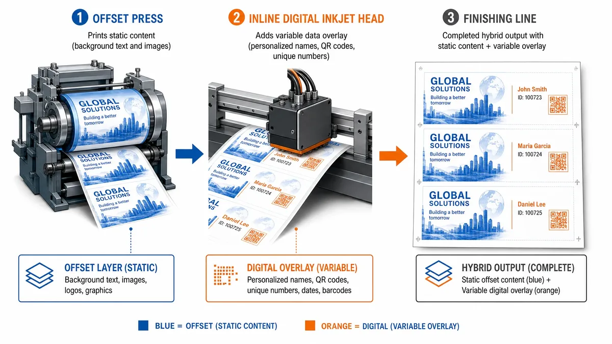 Hybrid printing strategy diagram showing offset static content combined with digital variable data in the same workflow