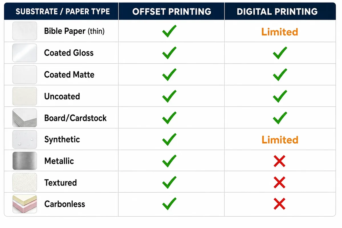 Paper and substrate compatibility comparison showing the wide range of stocks offset handles versus digital limitations