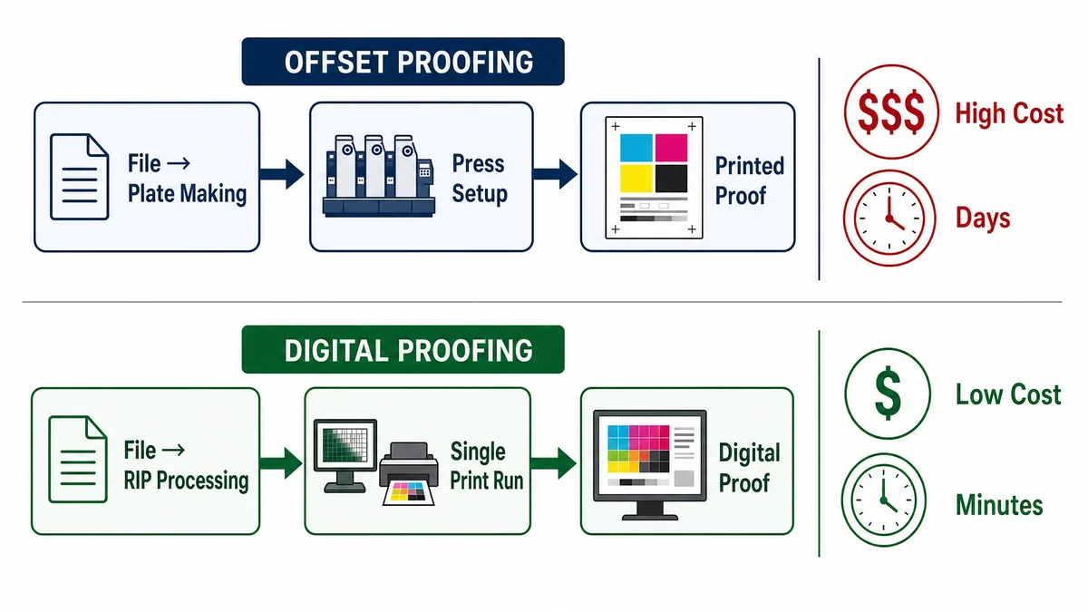 Proofing workflow comparison showing offset press proof cost and time versus digital one-click proof