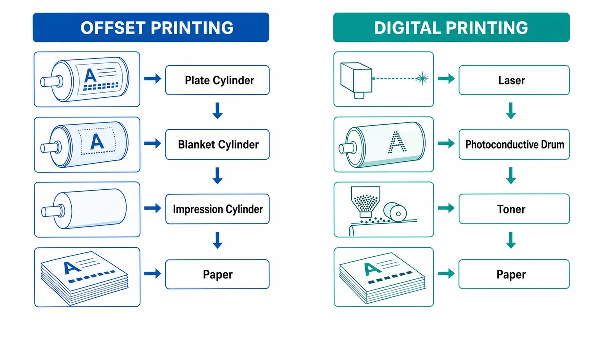 Offset vs digital printing technology comparison showing plate-cylinder-blanket workflow versus direct laser imaging