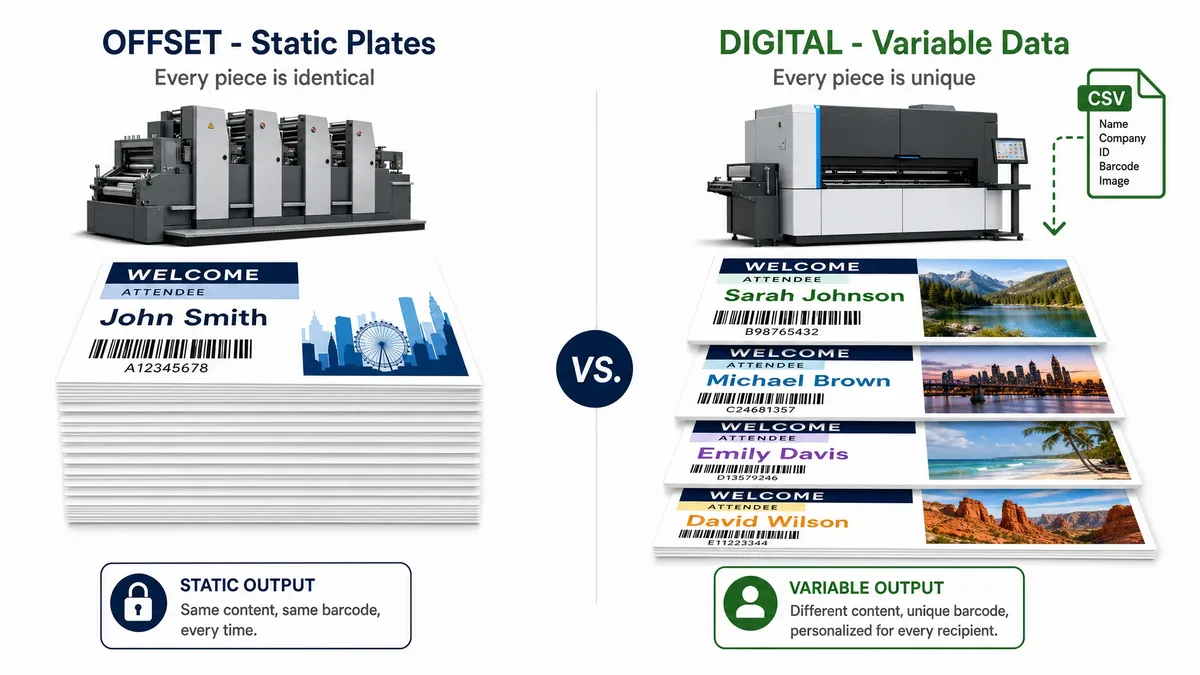 Variable data printing comparison showing digital's seamless personalization versus offset's static plate limitation
