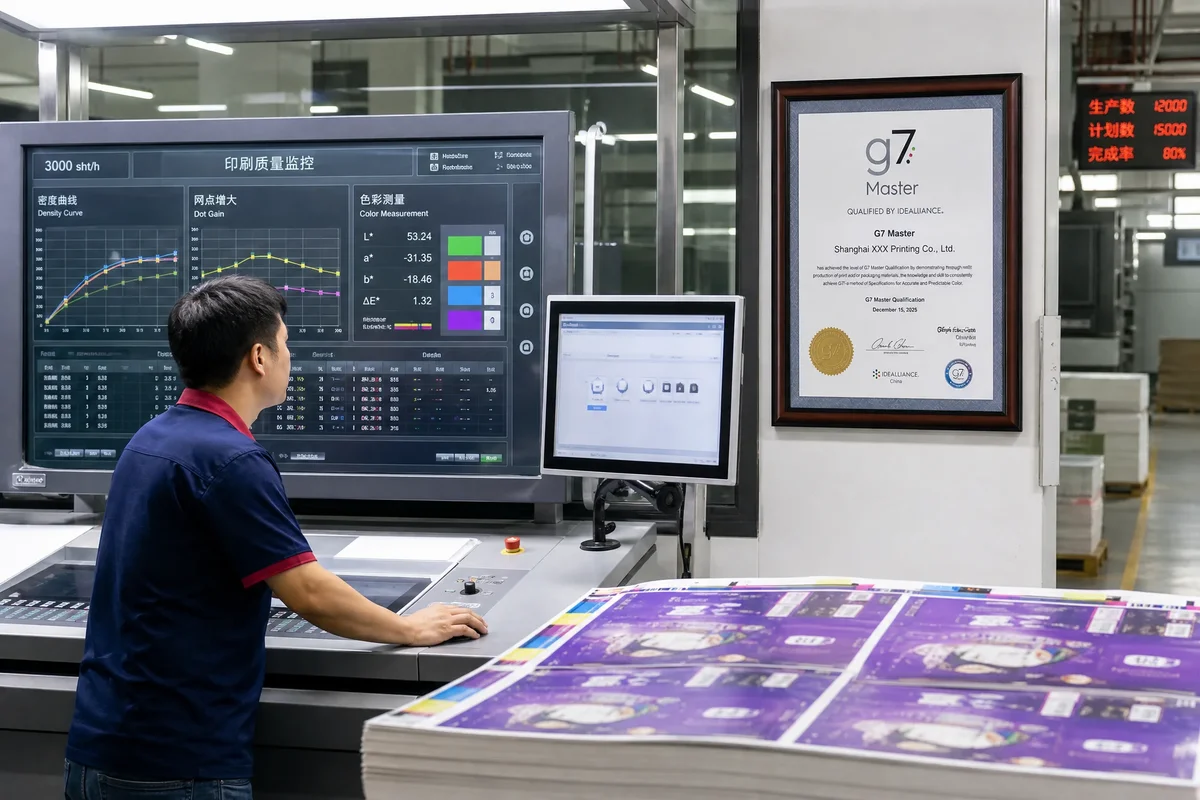 G7-calibrated offset press control console in a Chinese packaging factory showing real-time density and dot gain curves, with a G7 Master certificate displayed on the wall behind the operator station