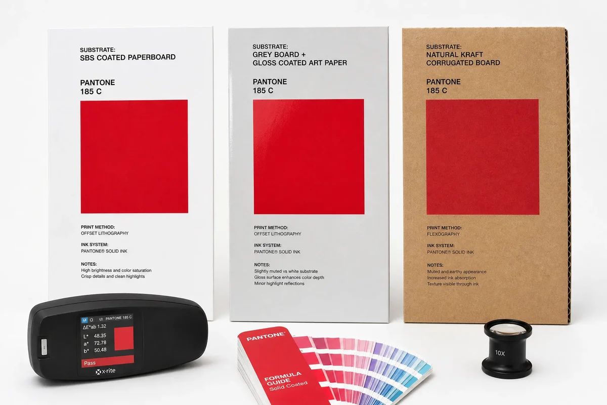 Side-by-side comparison of the same Pantone ink printed on three packaging substrates: SBS white board, grey board wrapped with coated paper, and brown kraft corrugated, showing the visible differences in color saturation and brightness under D50 lighting