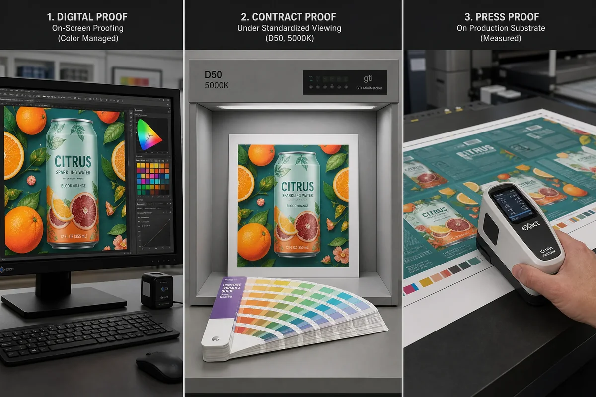 Three-stage color proofing workflow: digital proof on color-managed monitor, physical inkjet proof in D50 viewing booth next to Pantone swatch, and press proof sheet on actual packaging board being measured with a spectrophotometer