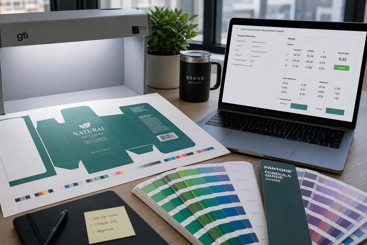 Remote color approval workflow: physical press proof shipped from printer to brand office, spectrophotometer measurement report on laptop screen, and D50 viewing booth with Pantone swatch for side-by-side evaluation