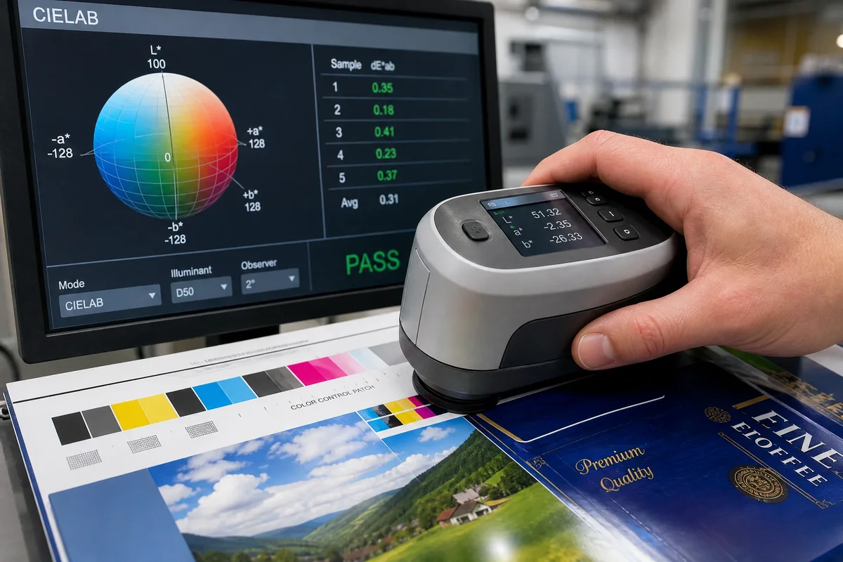 A spectrophotometer measuring a color control strip on a printed packaging sheet, with the CIELAB color space diagram displayed on a connected monitor showing Delta E results