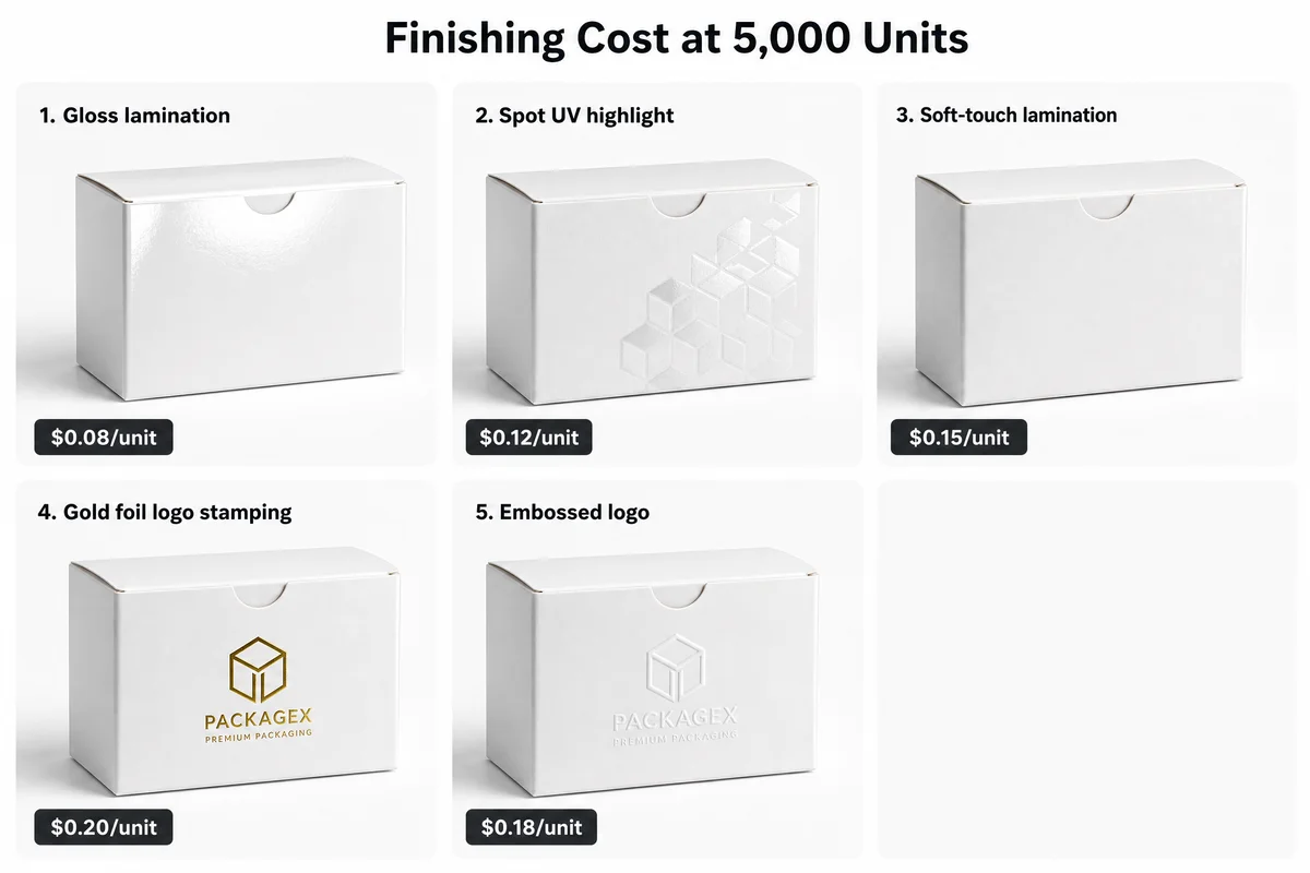 Cost comparison grid of five surface finishing techniques on identical folding cartons: gloss lamination, spot UV highlight, soft-touch lamination, gold foil logo stamping, and embossed logo, each labeled with per-unit cost range at 5000 units