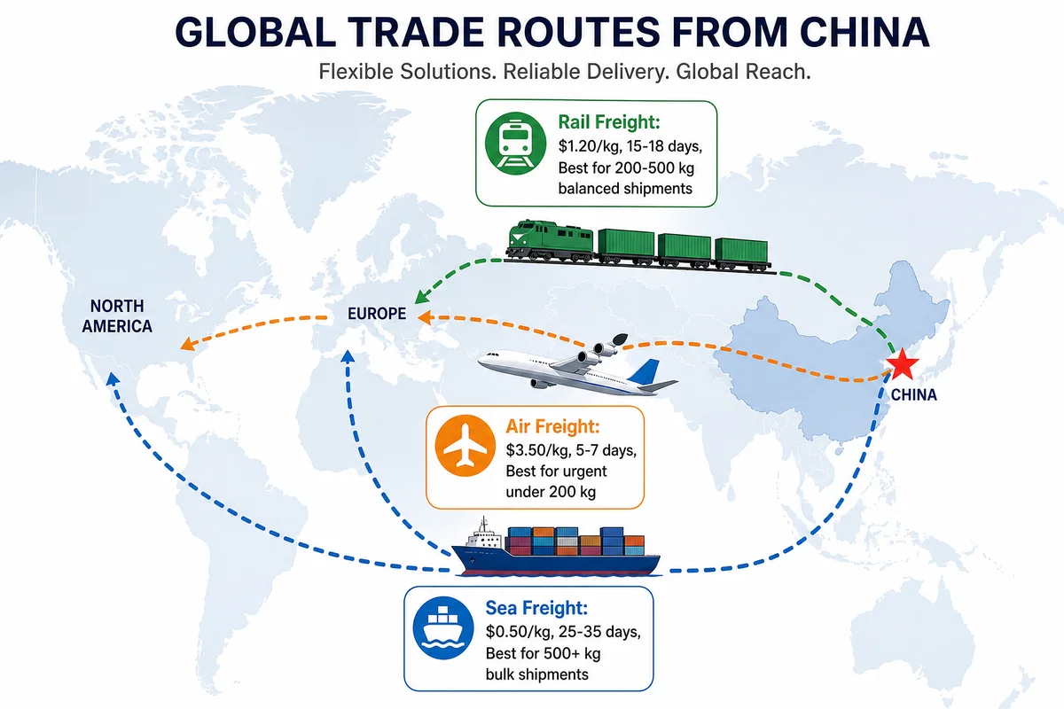Freight mode comparison chart: sea freight container, air freight cargo plane, and China-Europe rail freight train, each labeled with cost per kg, transit time, and best-use scenarios for packaging shipments from China