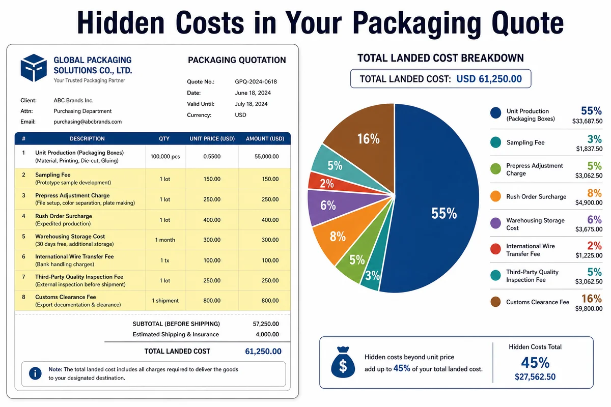 Visual breakdown of a packaging quote showing line items beyond unit price: sampling, prepress, rush surcharge, warehousing, wire transfer, inspection, and customs clearance fees with percentage contribution to total landed cost