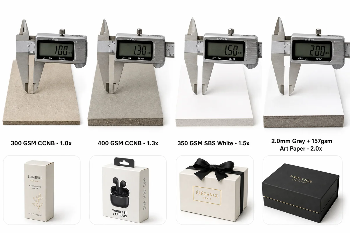 Four paperboard samples with caliper gauge measurements: 300 GSM CCNB, 400 GSM CCNB, 350 GSM SBS white board, and 2.0 mm grey board core with 157 GSM art paper wrap, labeled with cost multipliers and typical applications