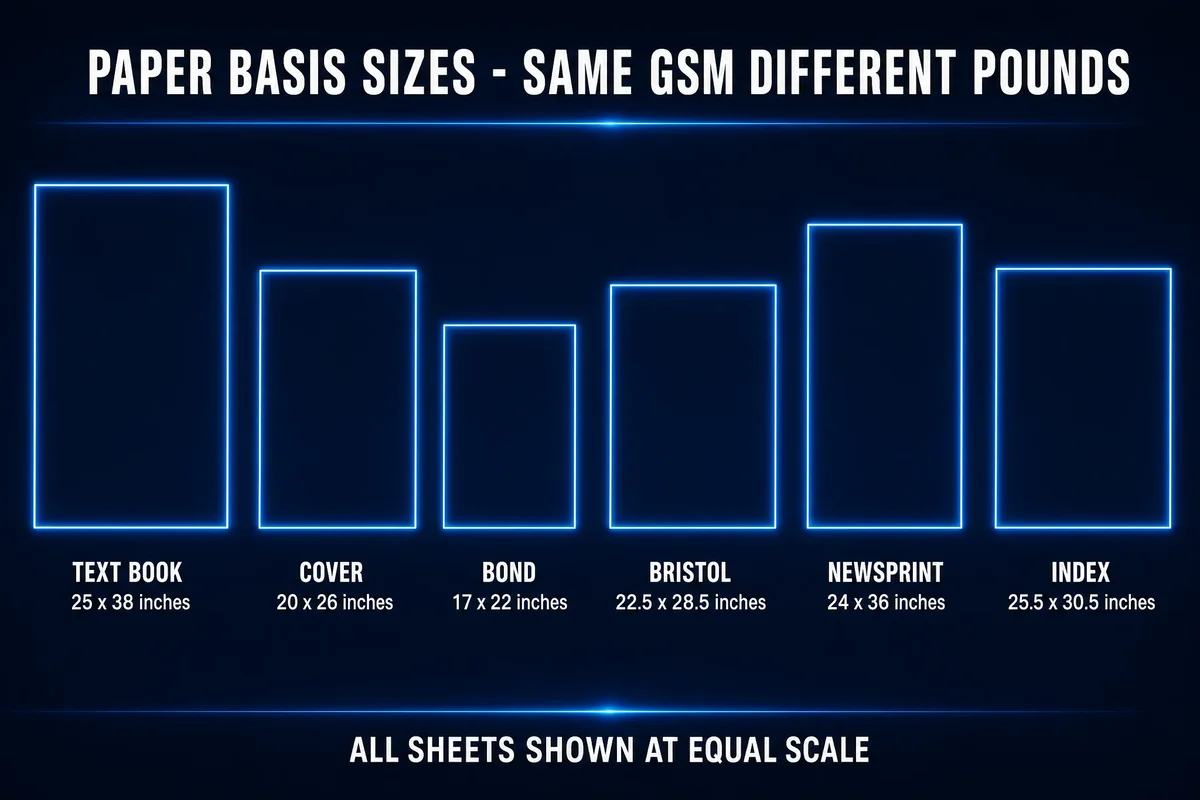 Basis Size Comparison: Six paper types shown to scale with same GSM producing different pound ratings