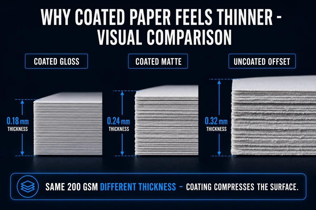 Paper Thickness Visual Comparison — coated glossy vs matte vs uncoated offset at same GSM
