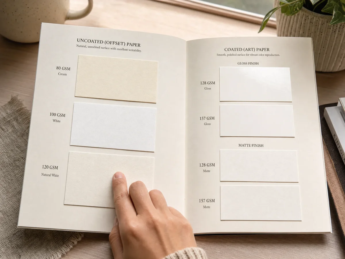 Paper swatch book showing coated and uncoated paper samples for book printing