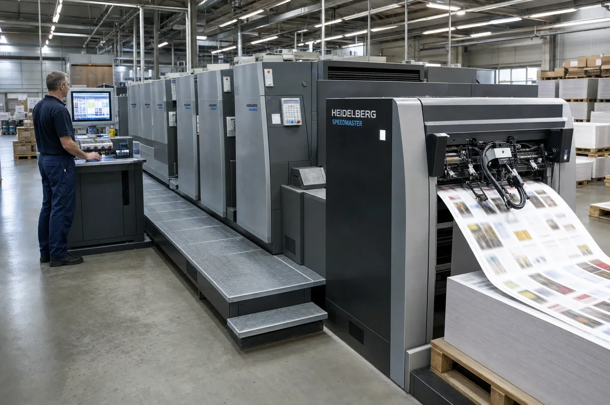 Offset printing press running full-color book interior pages in a factory
