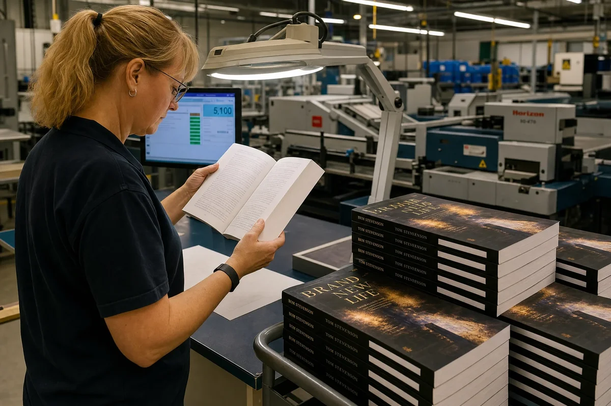 Quality inspector examining freshly printed paperback books at a printing factory