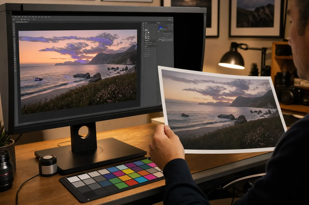 A photographer comparing a hard proof print against a calibrated monitor showing soft proof preview, with ICC profile workflow diagram overlaid
