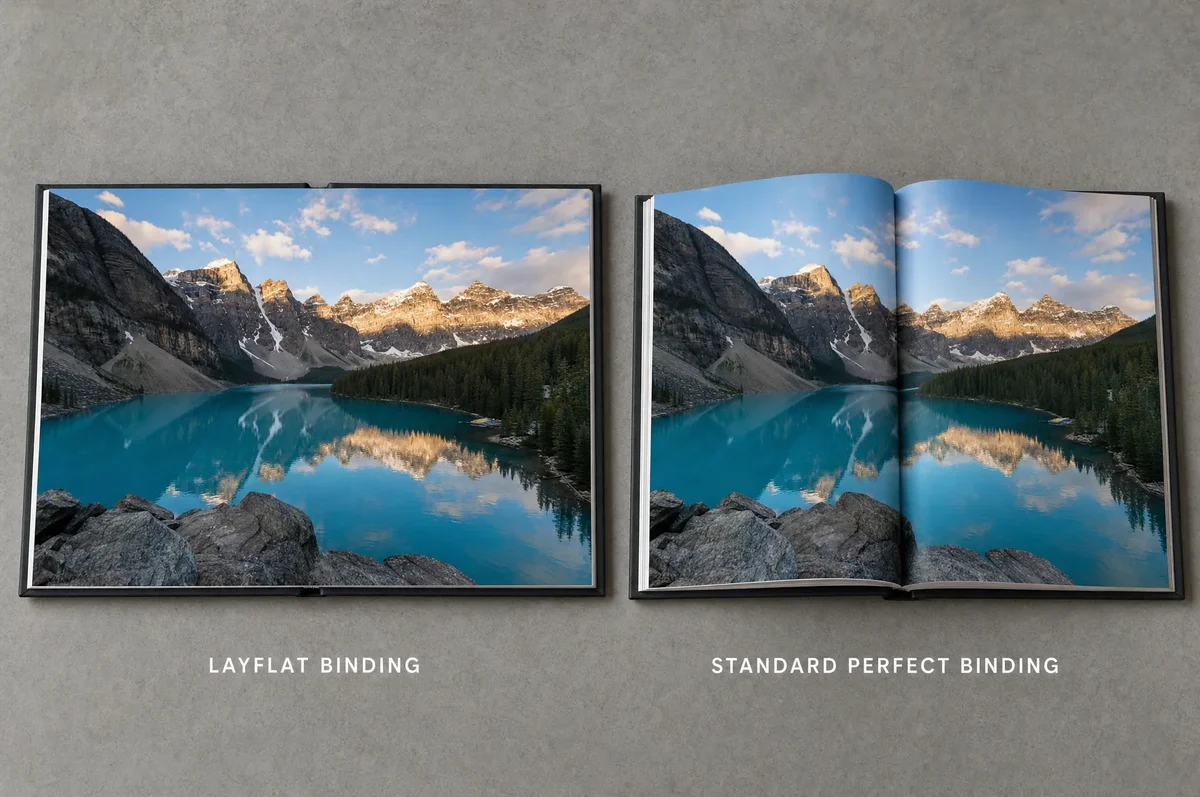 A photo book opened flat showing a full-spread photograph with no gutter gap, compared side-by-side against a standard perfect-bound book with visible gutter loss