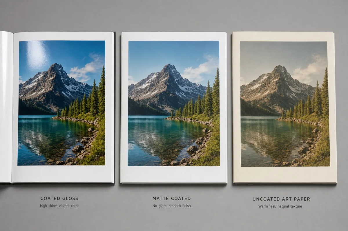 Side-by-side comparison of coated gloss, matte coated, and uncoated art paper showing color saturation and glare differences on the same photo print