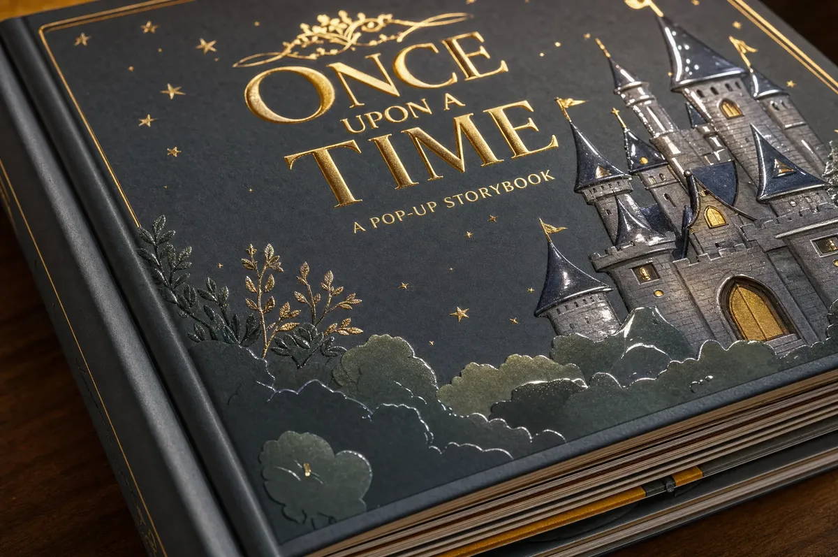 Hardcover pop-up book with foil stamping and UV spot coating on cover showing premium finishing techniques