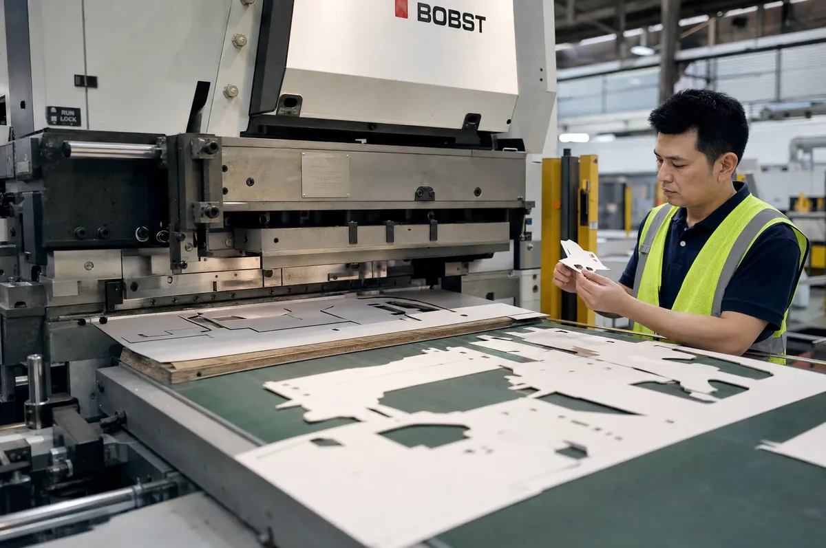 Precision die-cutting machine cutting pop-up book mechanism shapes from C1S board stock in a printing factory
