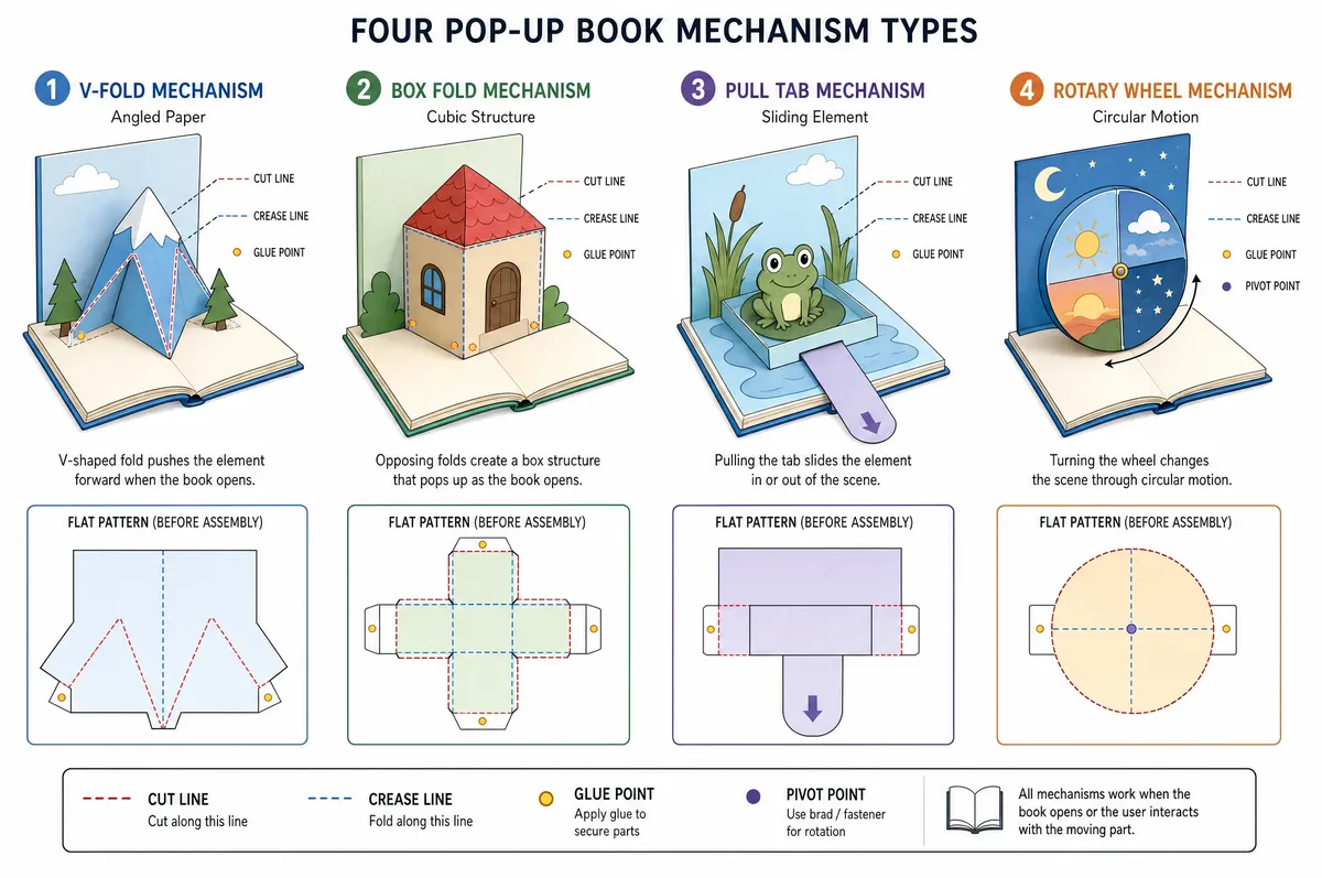 Different pop-up book mechanism types including V-fold, box fold, pull tab, and rotary wheel structures illustrated for print production
