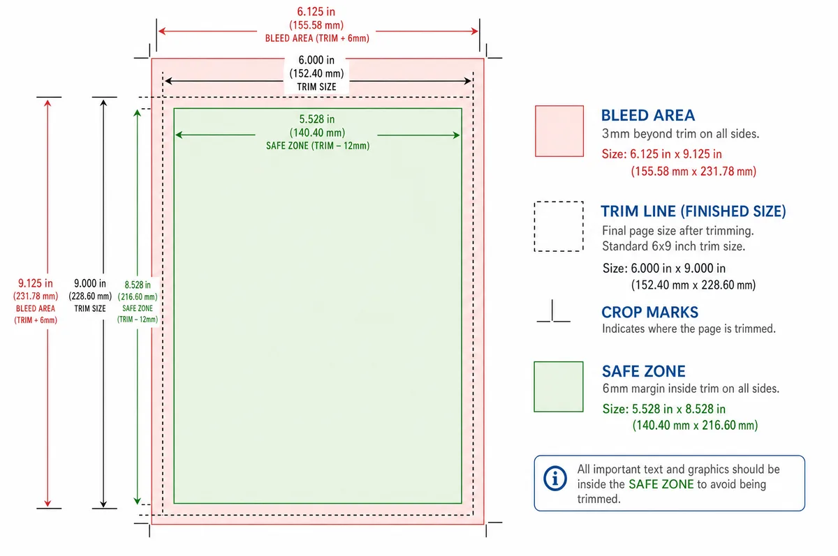 Bleed, trim line, and safe zone diagram for print-ready files book printing