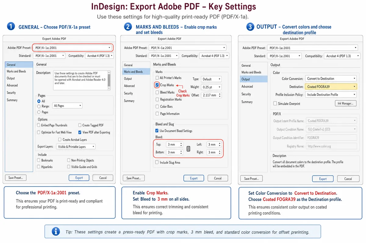 PDF export settings screenshot for print-ready files book printing