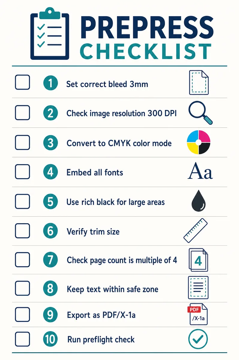 Prepress checklist infographic for print-ready files book printing