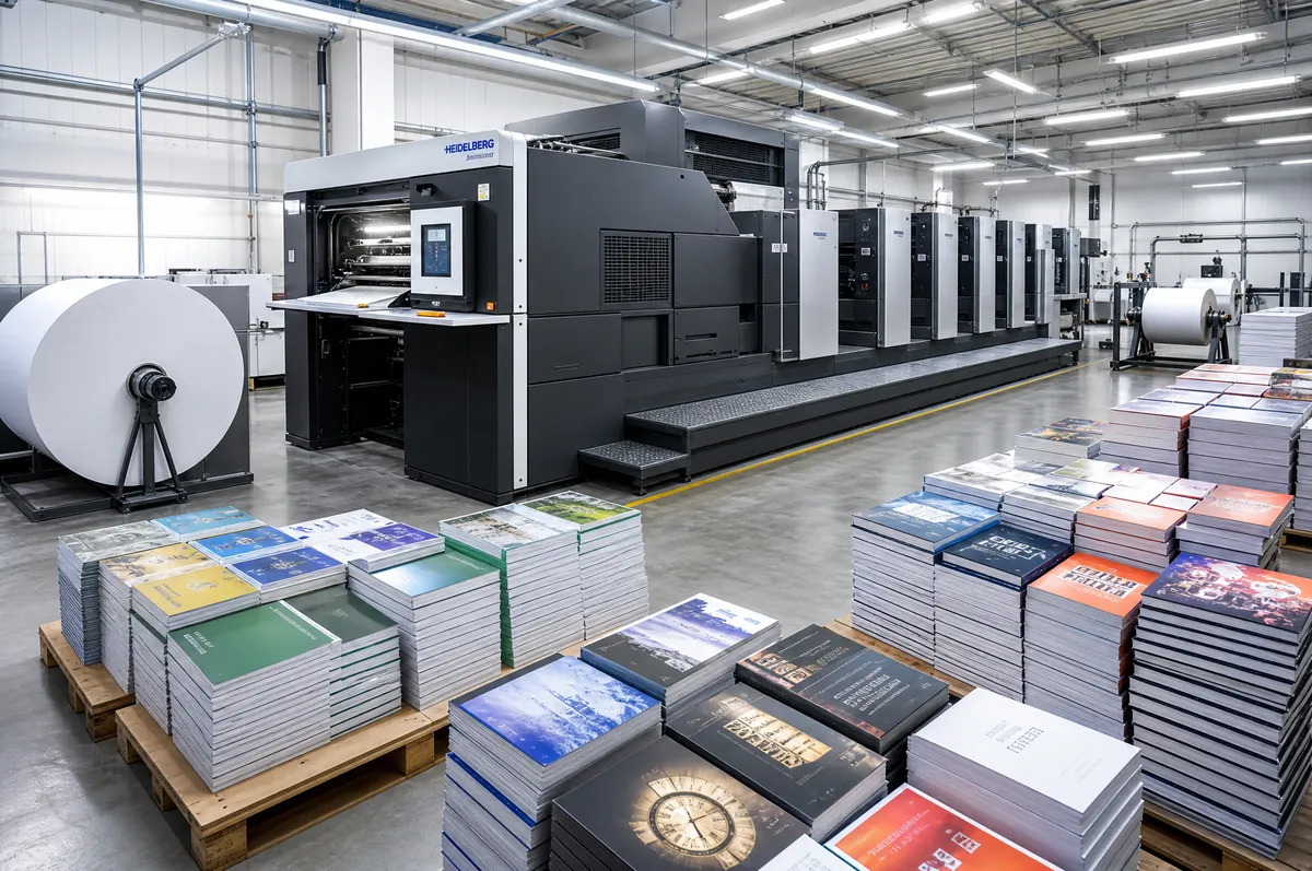 Modern book printing facility with offset presses producing high-quality paperback and hardcover books