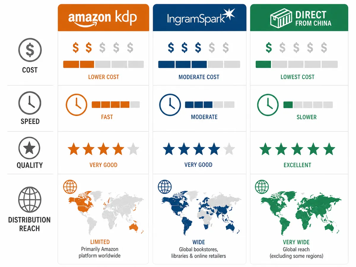 Comparison chart of KDP Print, IngramSpark, and China-direct book printing across cost, quality, distribution, and speed