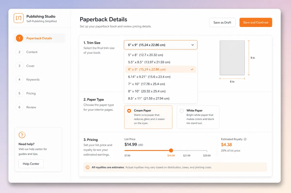 Amazon KDP Print paperback setup dashboard showing trim size, paper type, and pricing options