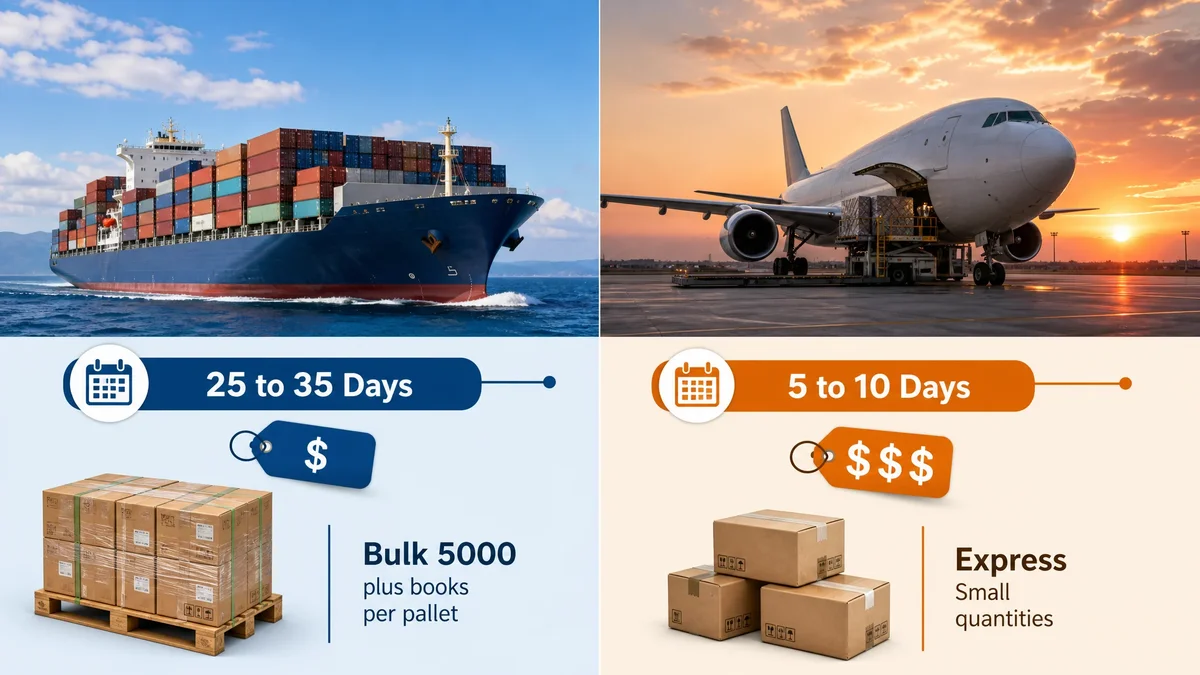 Side-by-side visual comparison of sea freight container ship vs air freight cargo plane with cost and timeline data for book shipping