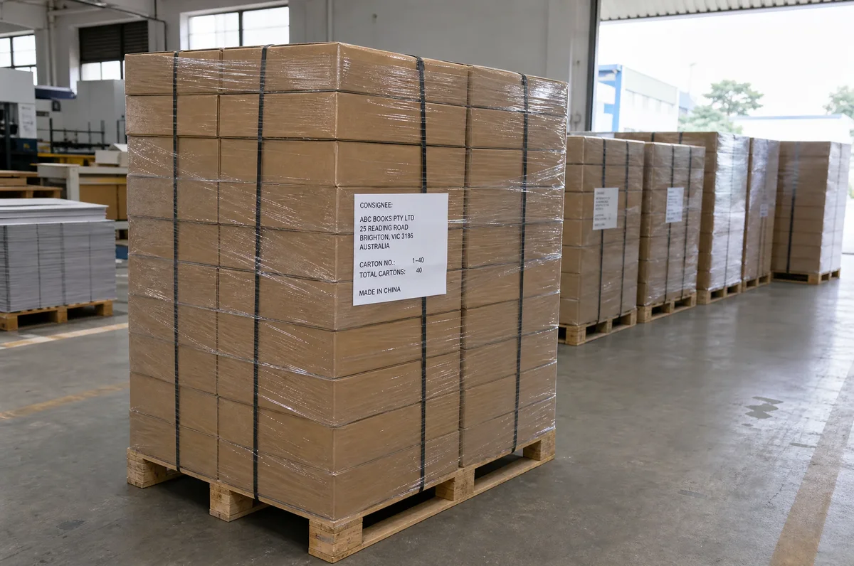 Export book cartons stacked on a standard 120x100cm shipping pallet, stretch-wrapped and labeled, ready for container loading at a Chinese printing factory