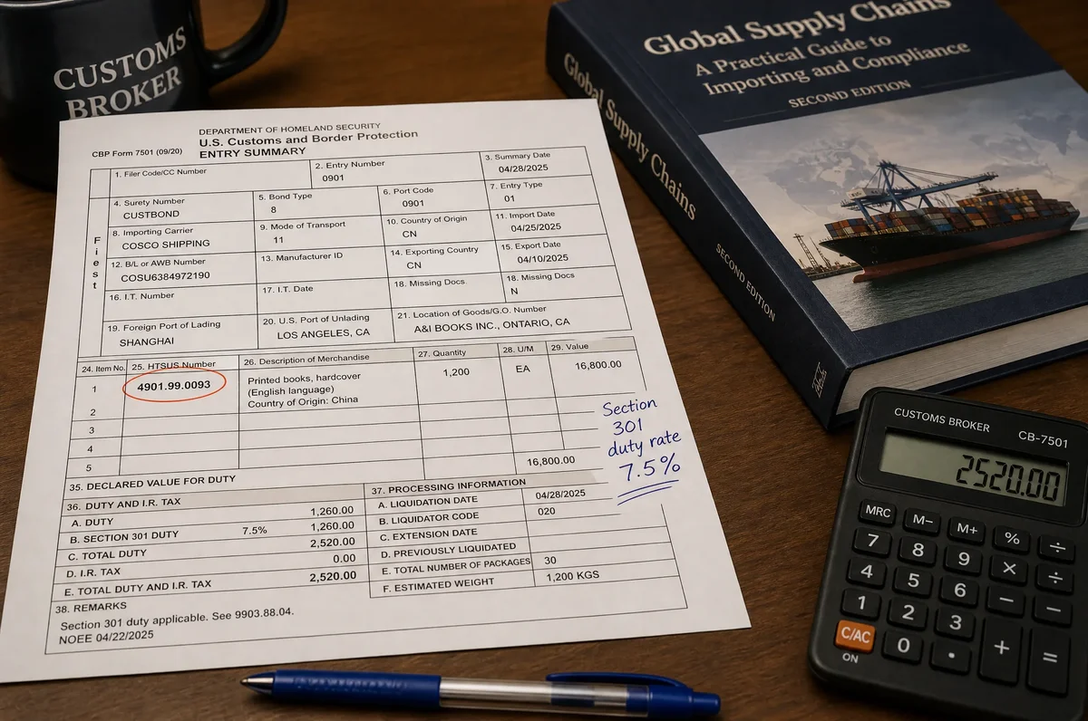 Customs declaration document for printed books showing HTS code 4901 classification, Section 301 duty calculation, and commercial invoice breakdown