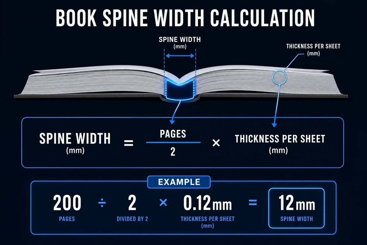 Book Spine Width Calculation Diagram — formula and component breakdown