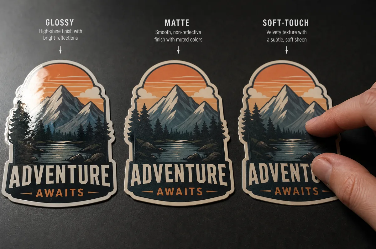 Three sticker samples showing glossy, matte, and soft-touch lamination finishes under angled lighting to highlight texture differences
