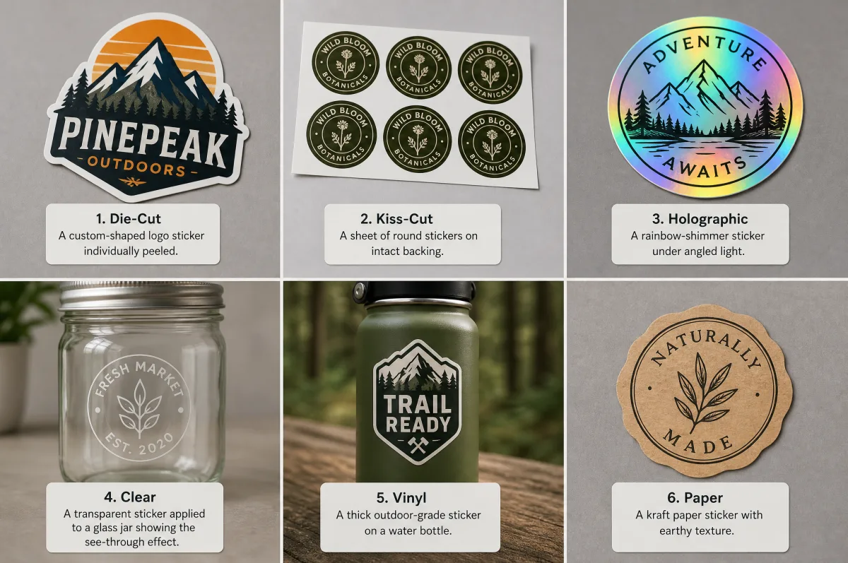 Collection of different sticker types including die-cut, kiss-cut, holographic, clear, and vinyl stickers showing various shapes and finishes