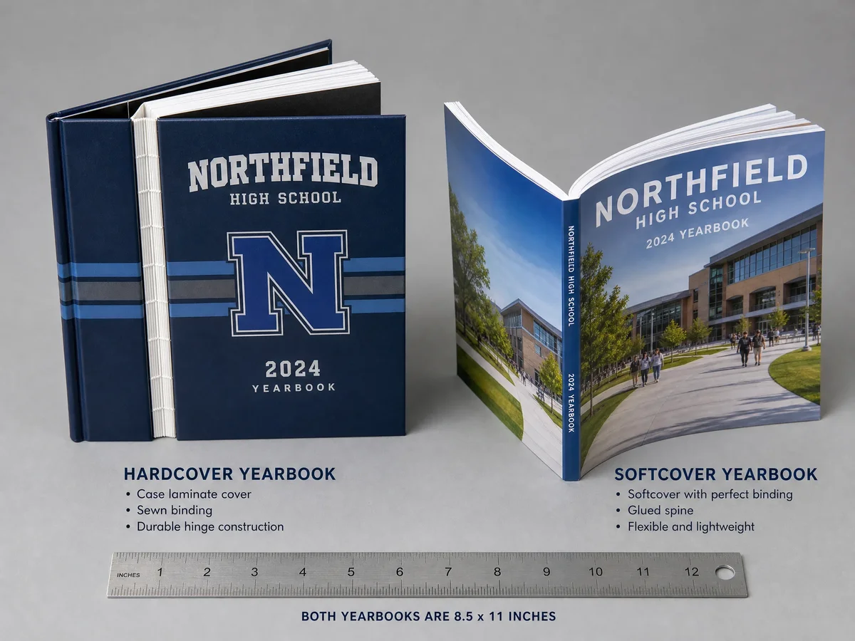 Hardcover and softcover yearbooks side by side showing cover and binding differences