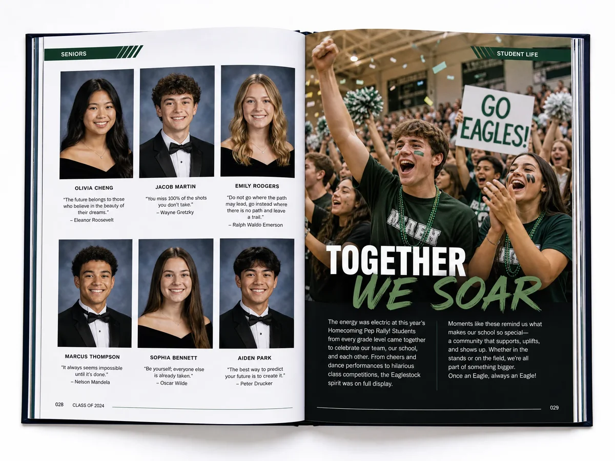 Yearbook layout spread showing portrait grids, candid photos, captions, and section divider design
