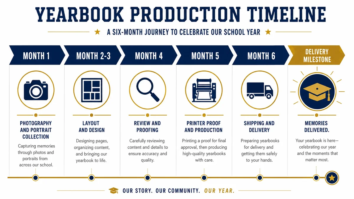 Yearbook production timeline showing six-month schedule from photography to delivery