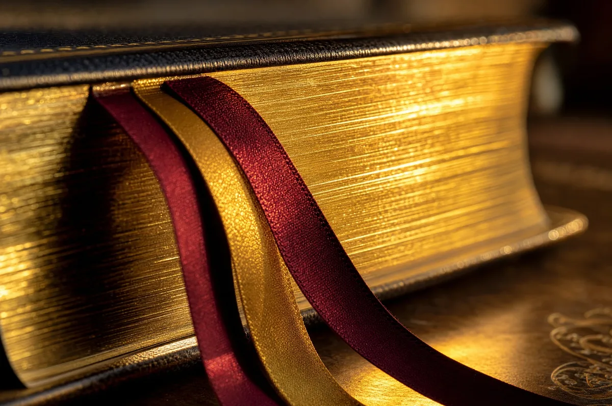Detail shot of gold gilt page edges and satin ribbon markers on a leather-bound Bible