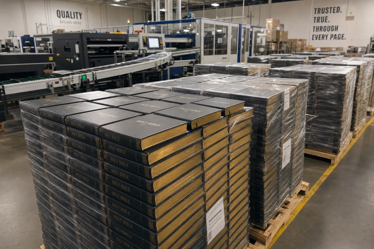 Stack of freshly printed Bibles showing bulk production volumes at a professional printing facility