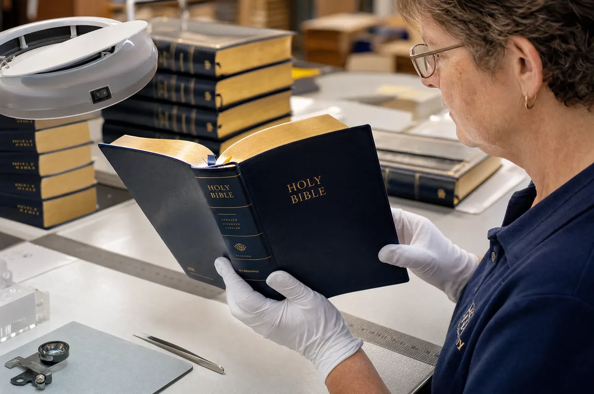 Quality inspection of leather-bound Bible with gold edges at EcoPrinting production facility