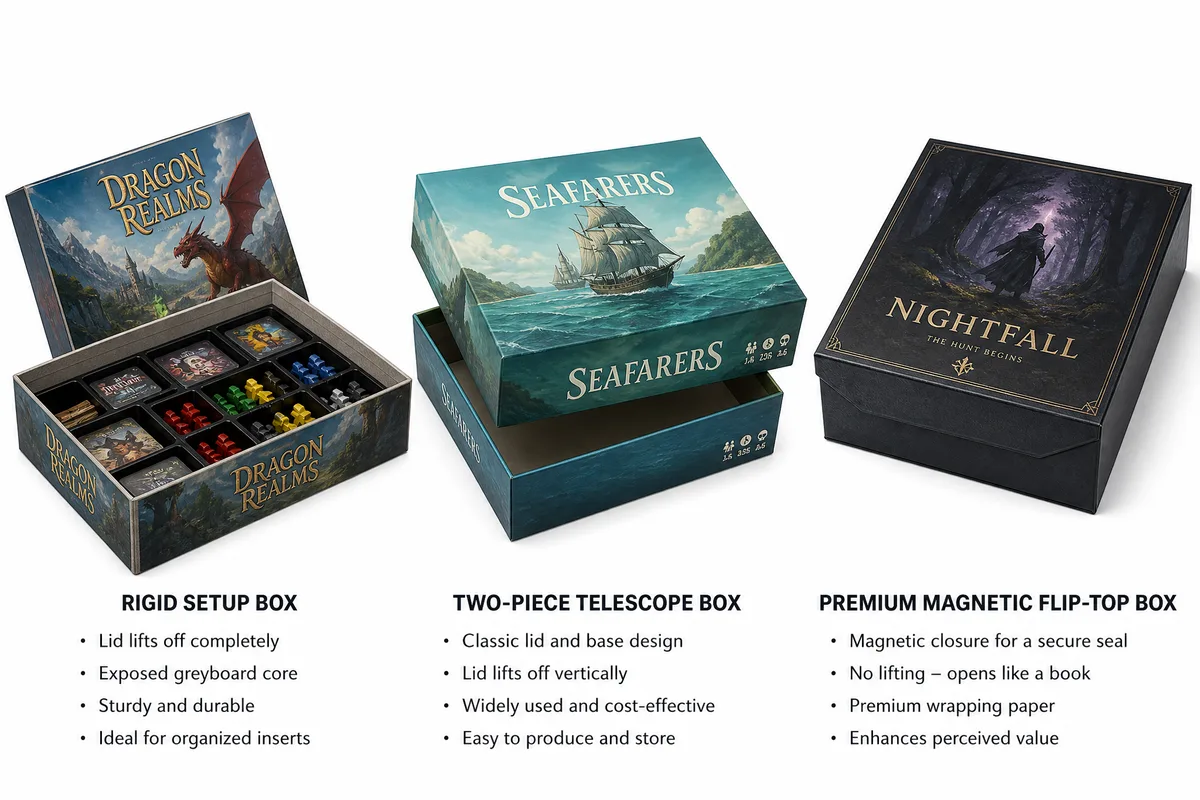 Comparison of board game box types including rigid setup box, telescoping box, and magnetic flip-top box with custom inserts