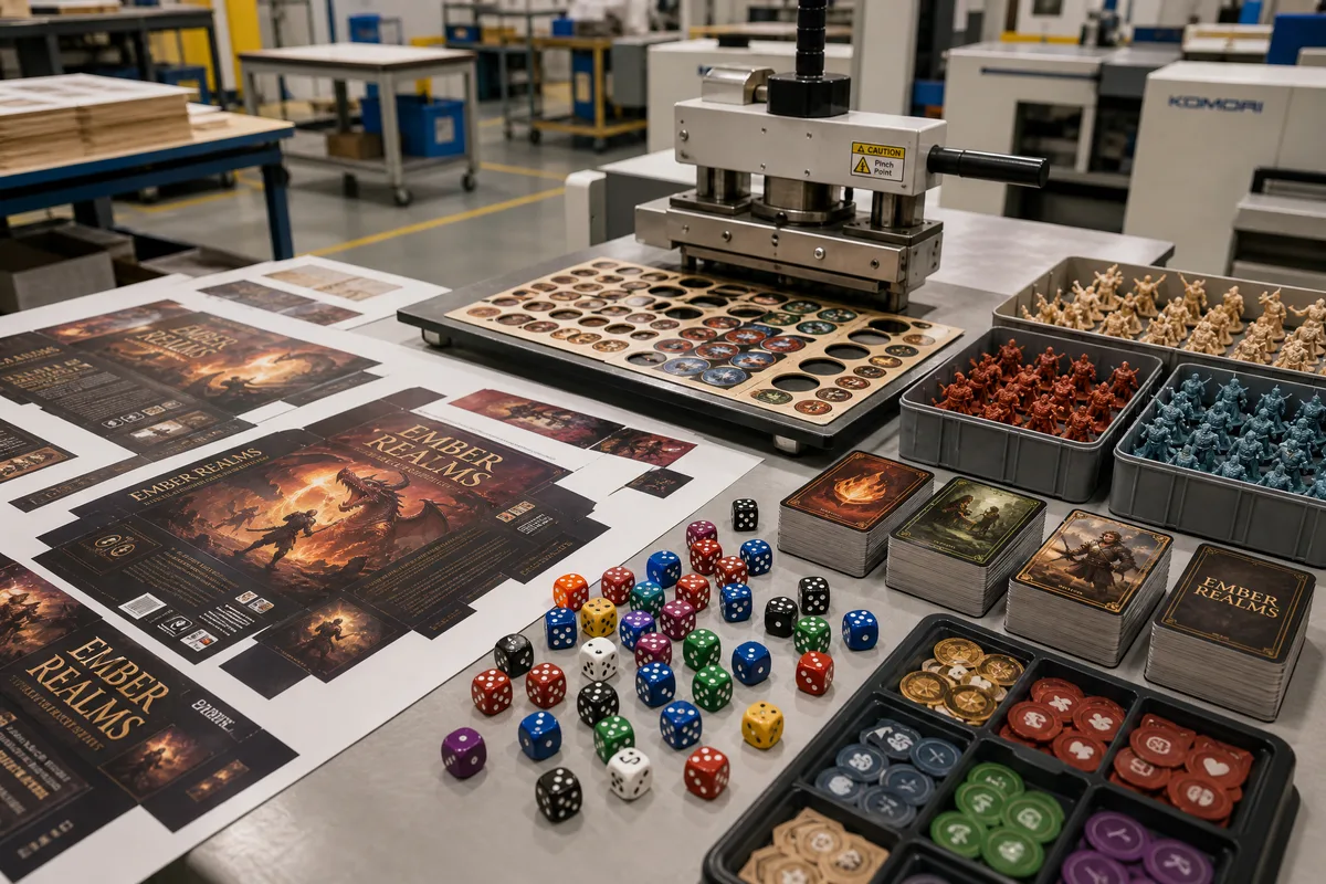 Custom board game components manufacturing overview showing game boxes, dice, tokens, miniatures, and playing cards