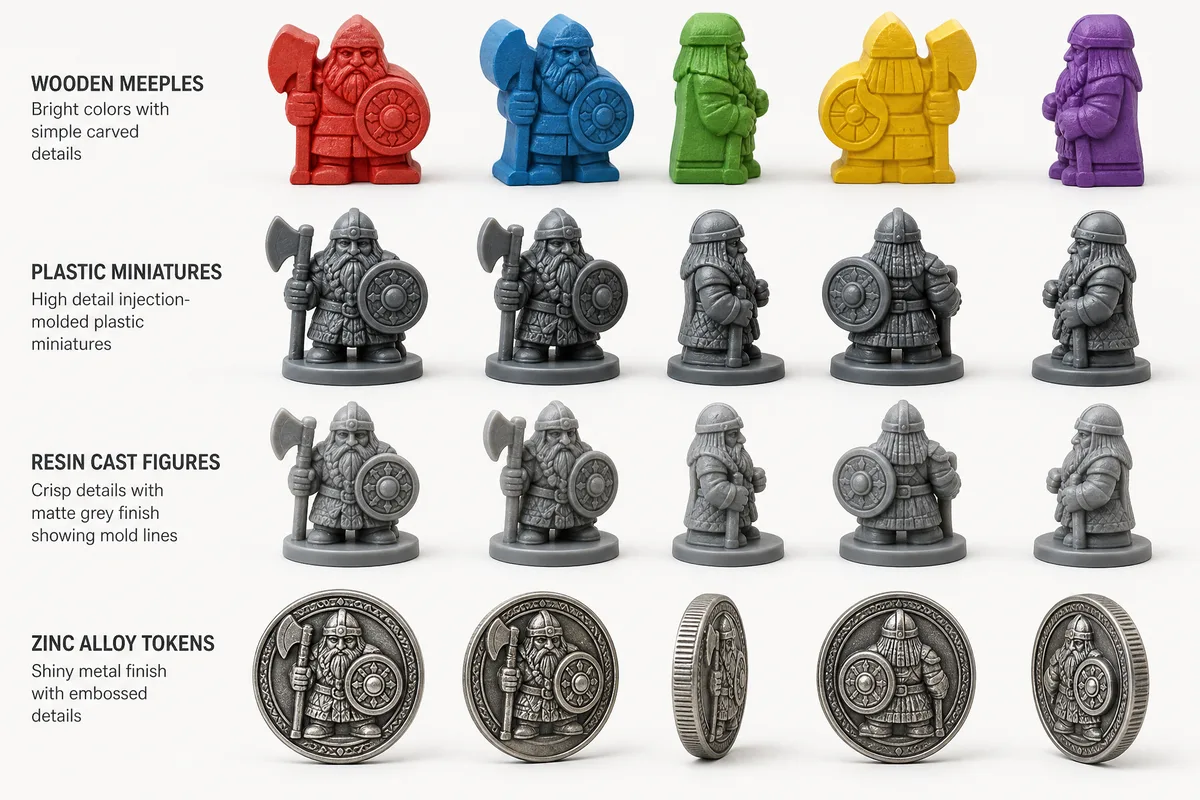 Side-by-side comparison of board game pieces: wooden meeples, plastic miniatures, resin cast figures, and metal coins