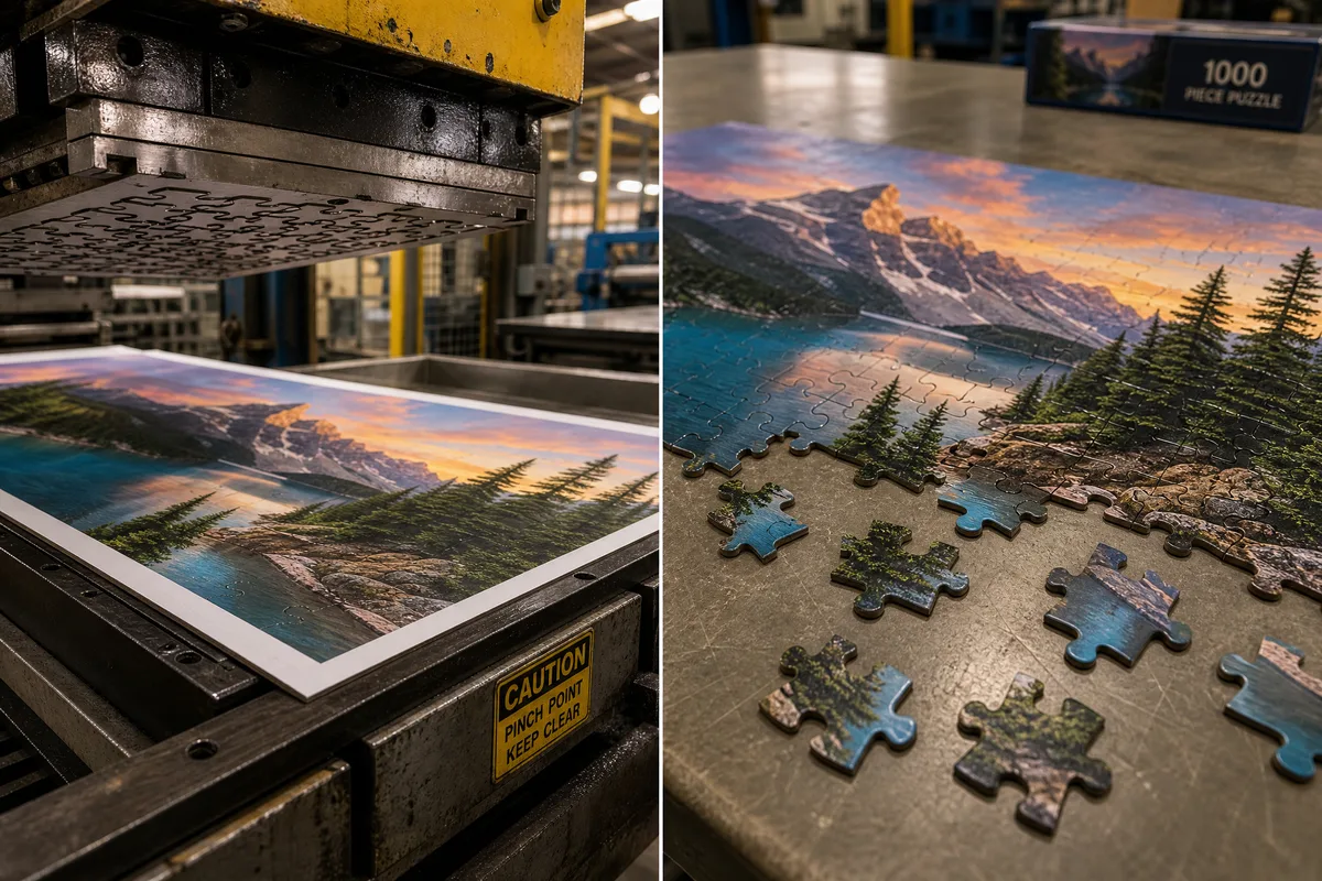 Jigsaw puzzle manufacturing process showing printed greyboard sheet going through die-cutting press and finished puzzle pieces