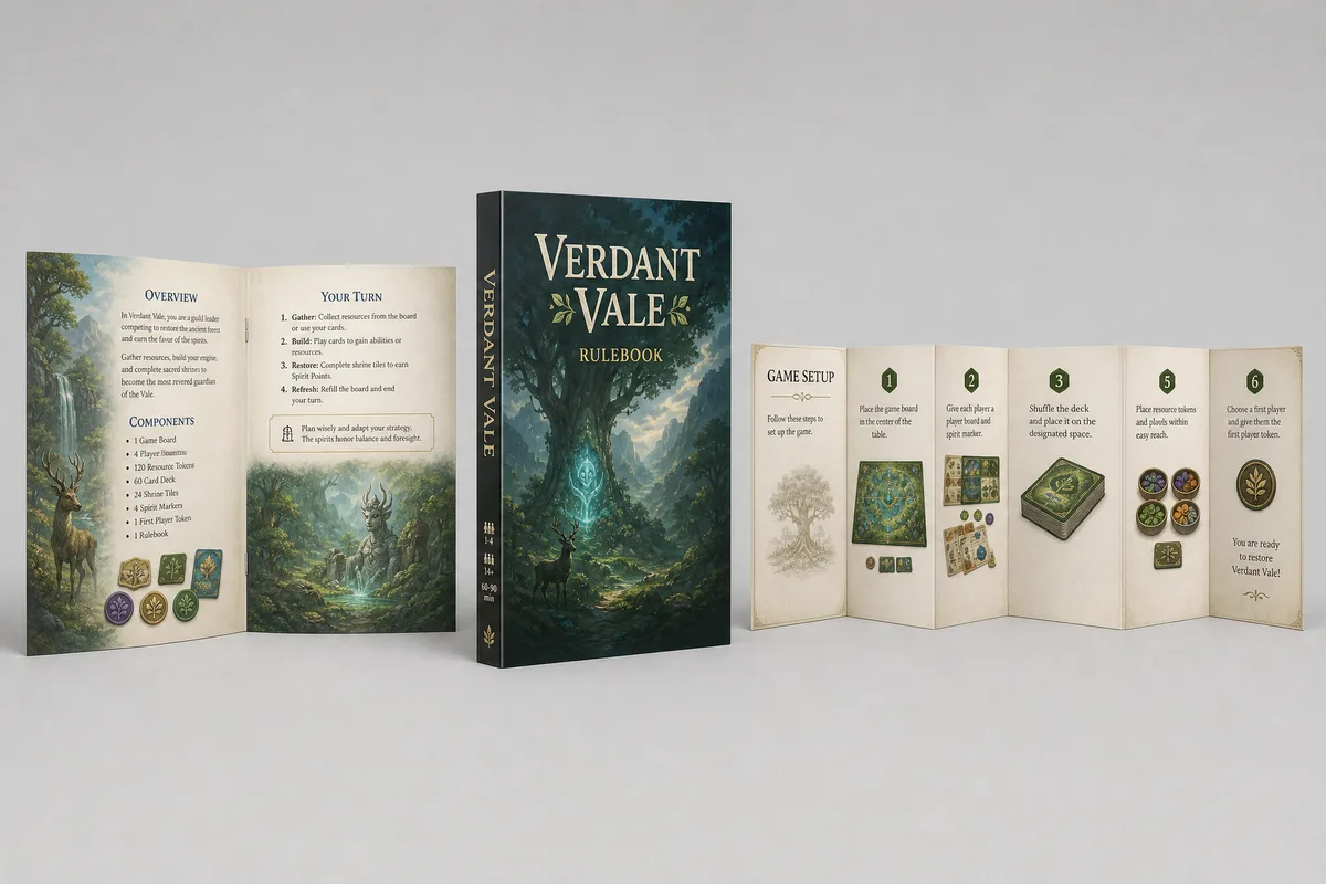 Board game rulebook printing options: saddle-stitched booklet, perfect-bound book, and folded instruction sheet side by side
