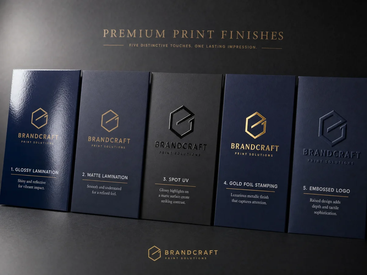 Surface finishing examples for brochure printing showing lamination, spot UV, foil stamping, and embossing effects side by side