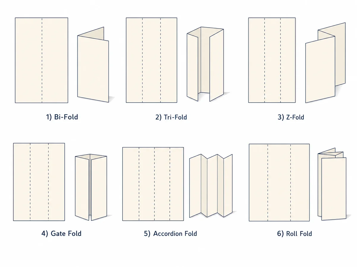 Brochure folding styles illustrated diagram showing bi-fold, tri-fold, z-fold, gate fold, accordion fold, and roll fold patterns